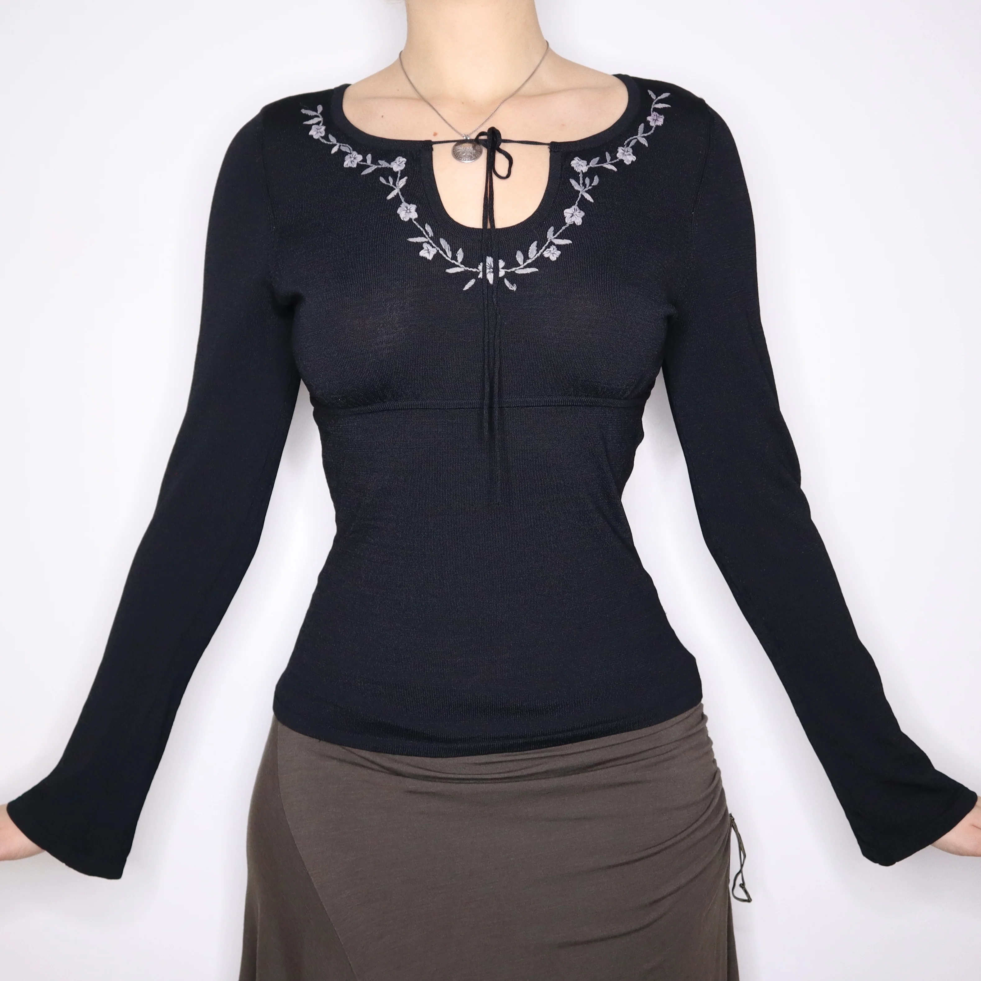 Y2K Black Boho Milkmaid Long Sleeve Top (M) 