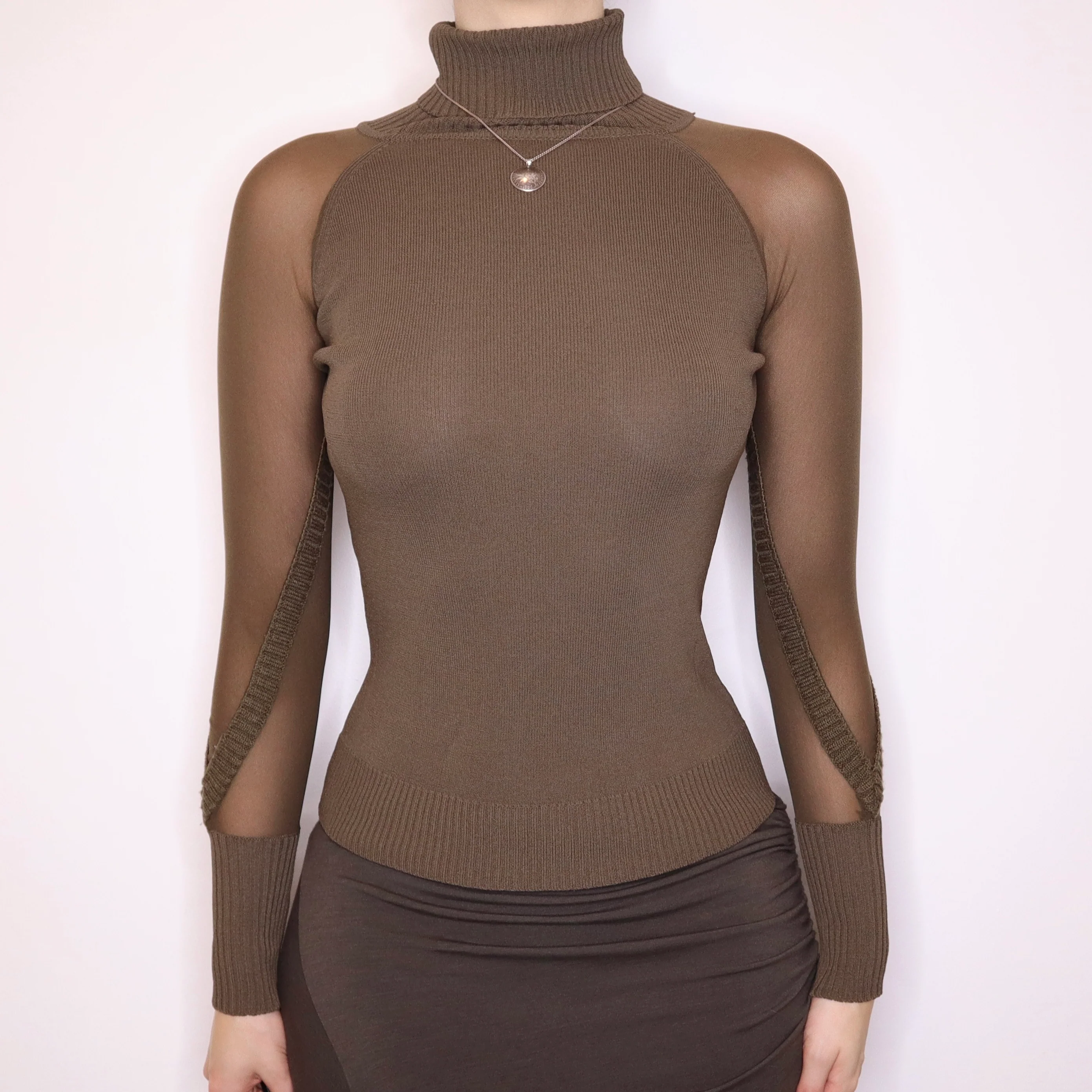 Y2K Khaki Mesh Turtleneck Top (S) 