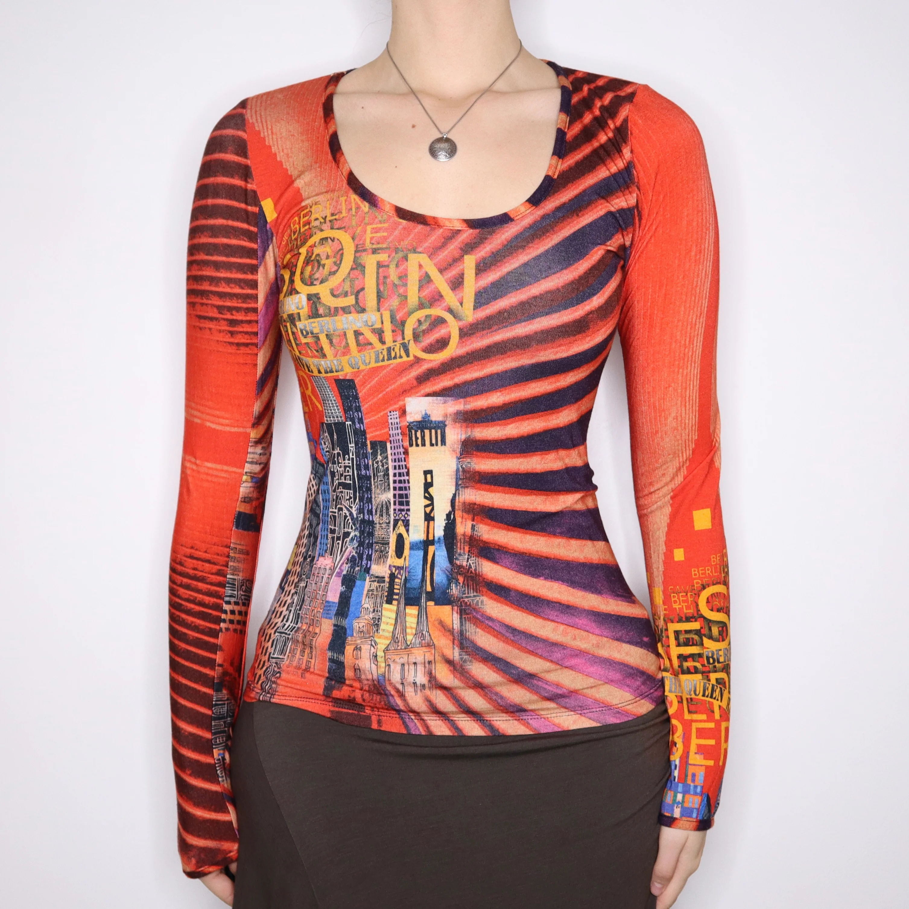 Y2K SAVE THE QUEEN Orange Graphic Long Sleeve Top (S) 